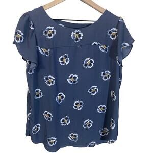 LOFT Muted Blue Floral Short Sleeve Top Blouse V-Back Lightweight Sz M